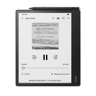 Kobo Elipsa 2E audiolibri Kobo Elipsa 2E con lettore di audiolibri Kobo sullo schermo