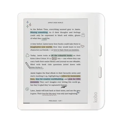 Kobo Libra Colour eReader a colori 7 32 GB con tasti volta pagina vista frontale Kobo Libra Colour eReader a colori 7 pollici 32 GB con tasti volta pagina, bianco, vista frontale