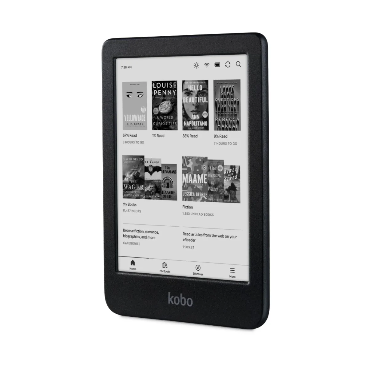 Kobo Clara BW eReader 6 pollici 16 GB E Ink Carta 1300 impermeabile, nero, vista angolata