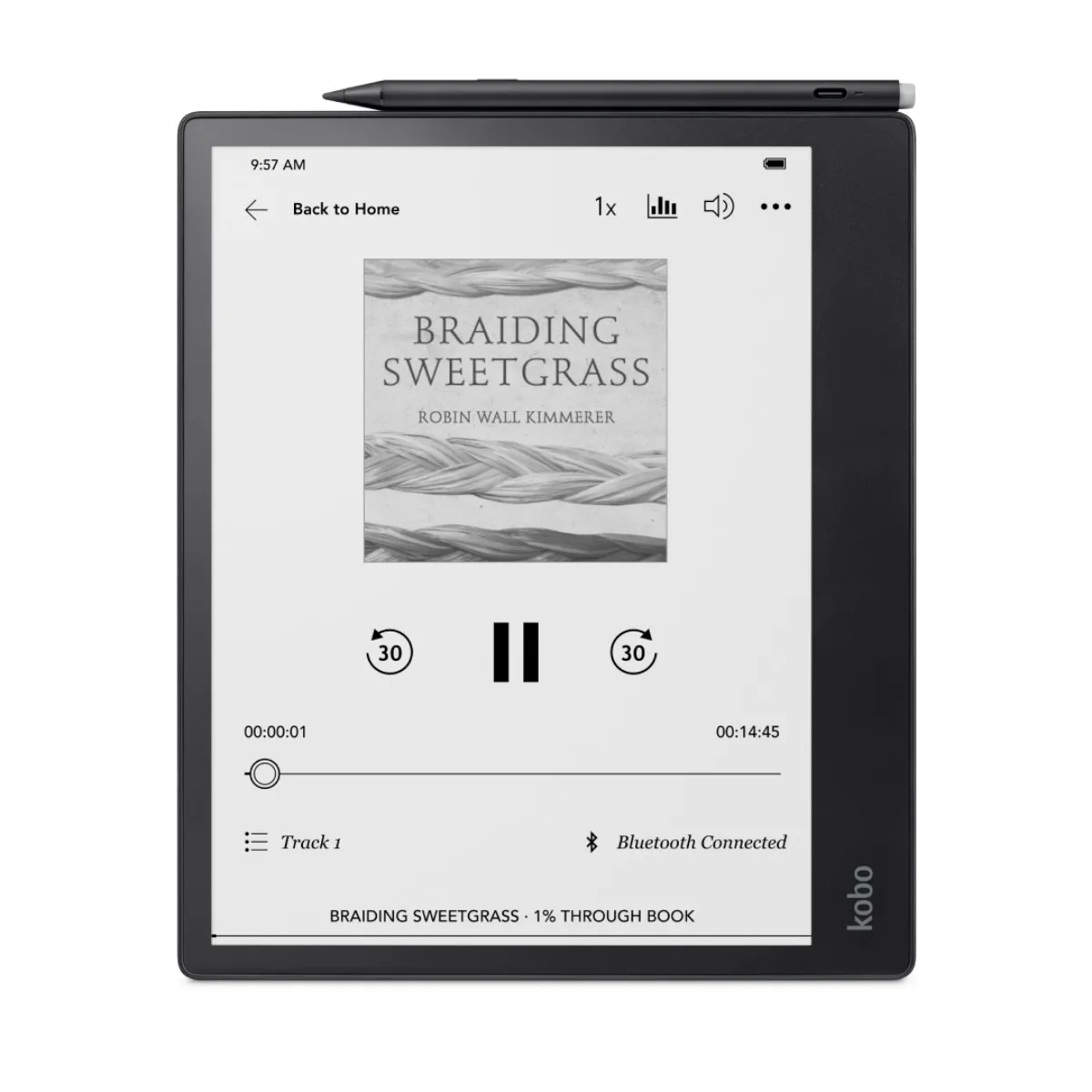 Kobo Elipsa 2E con lettore di audiolibri Kobo sullo schermo