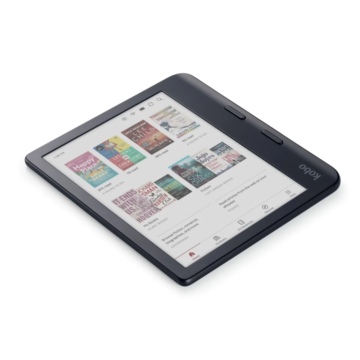 Kobo Libra Colour eReader a colori 7 pollici 32 GB con tasti volta pagina, nero, appoggiato