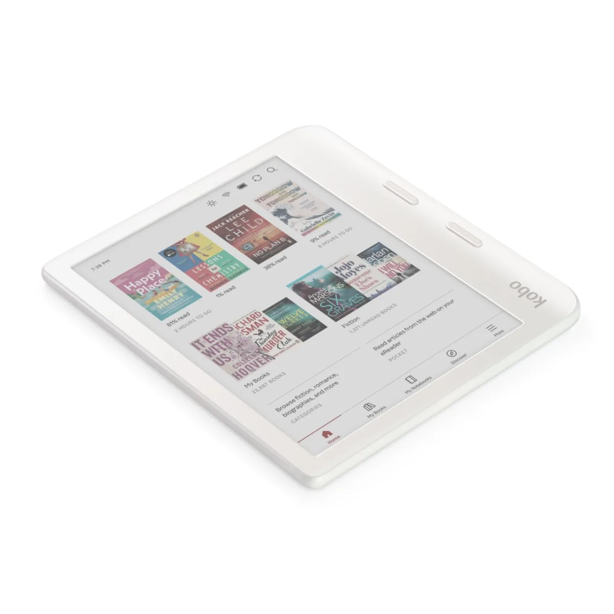 Kobo Libra Colour eReader a colori 7 pollici 32 GB con tasti volta pagina, bianco, appoggiato